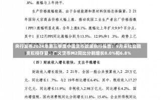 央行发布2024年第三季度中国货币政策执行报告：9月末社会融资规模存量、广义货币M2同比分别增长8.0%和6.8%